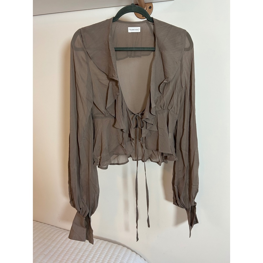 Rumours Brown Sheer Chiffon Ruffle Tie Front Blouse Long Sleeve Crop Top Small